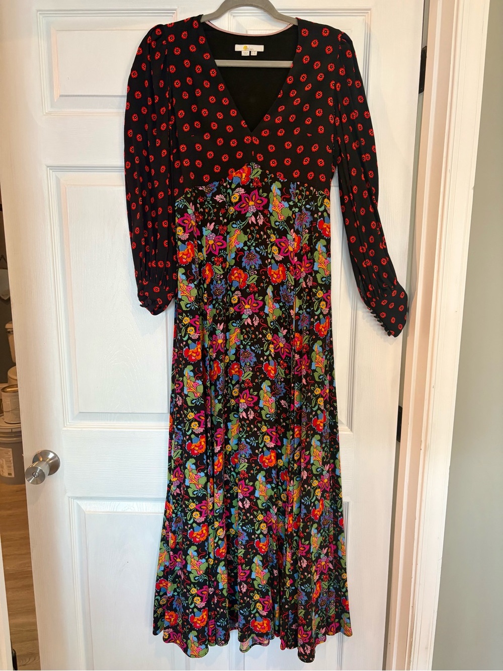 Boden Black Maxi Dress with Red Dot Bodice and Multicolor Floral Skirt Sz 4